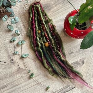 Handcrafted Green and Magenta Decorated Wool Dreadlock Extensions